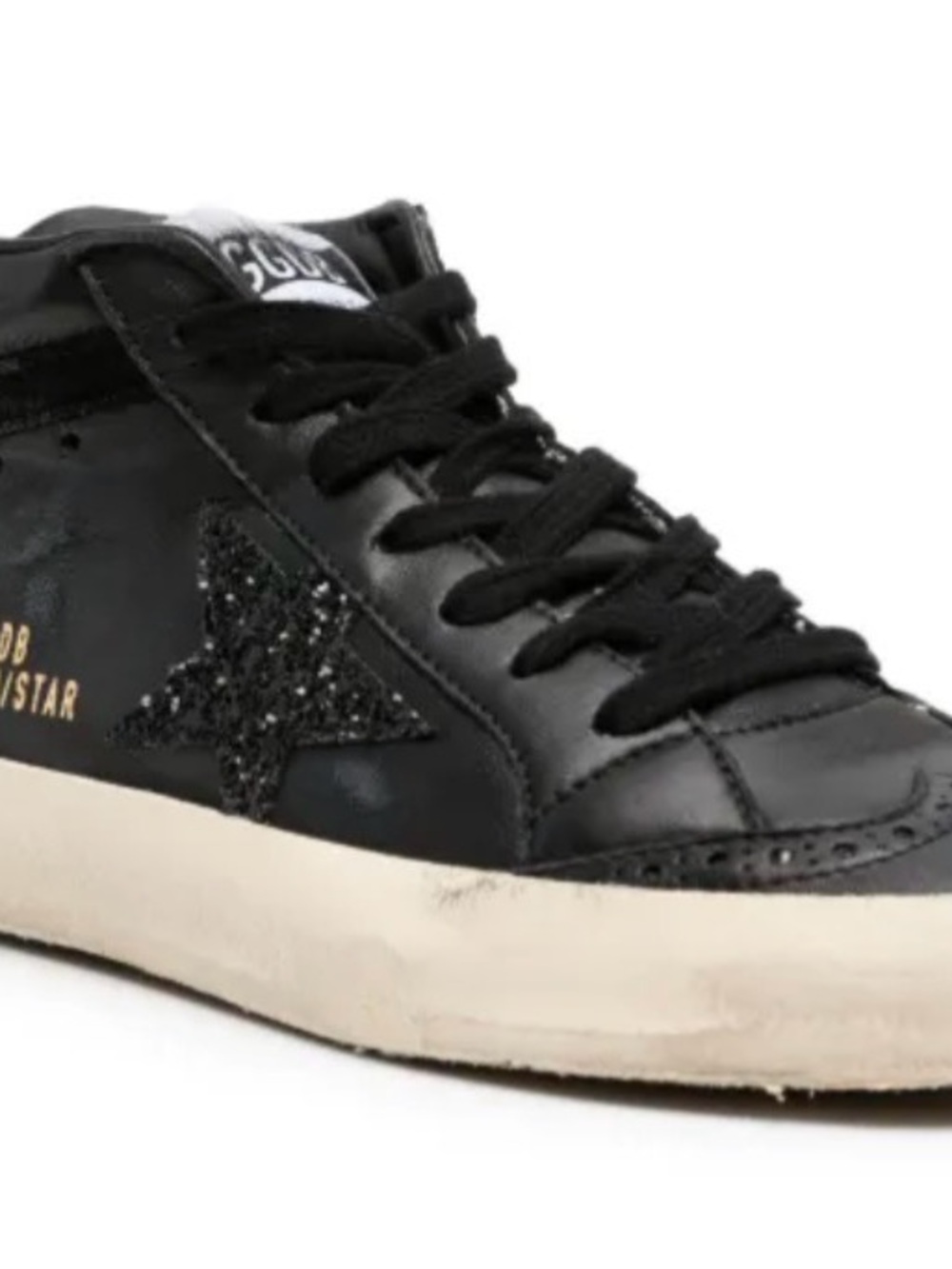 Golden Goose Black Leather Mid-Top Sneakers with Glitter Heel